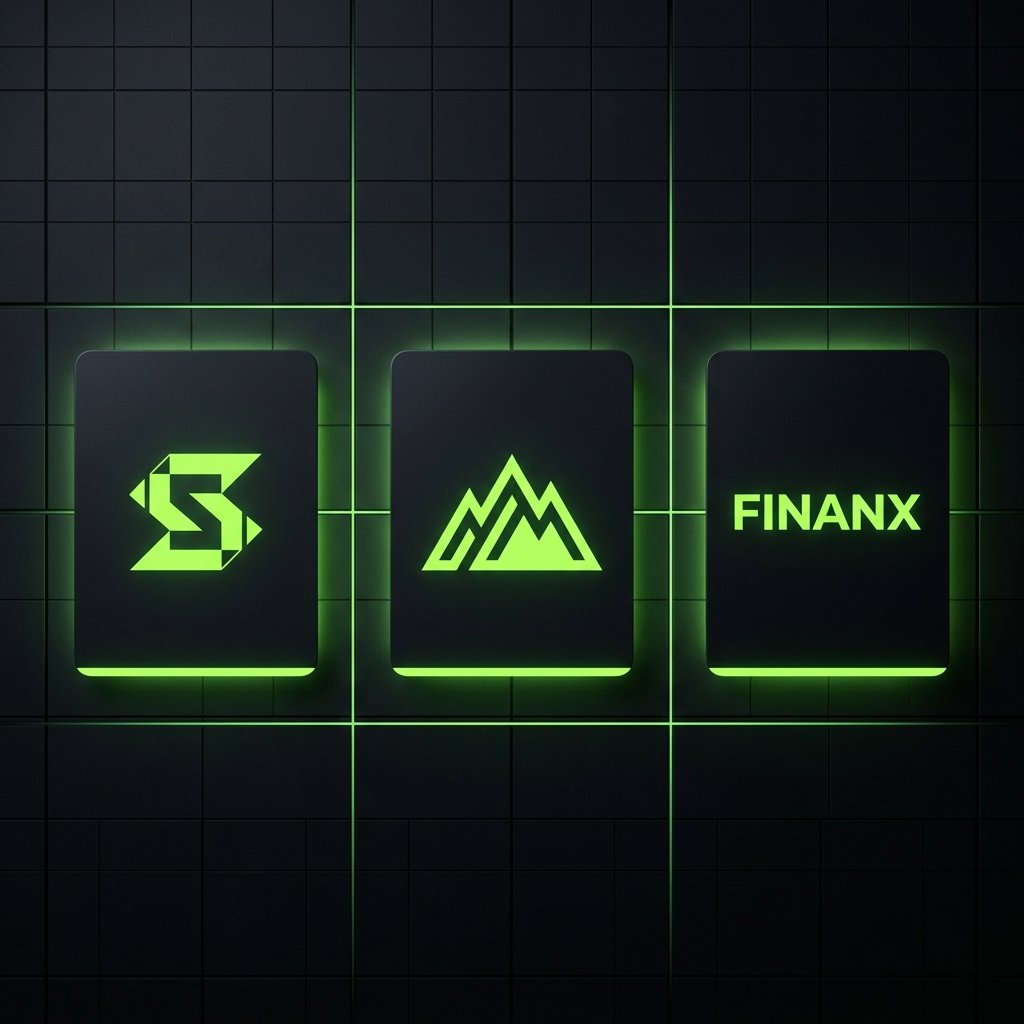 Logo design portfolio — 3 brand identity mockups on dark background